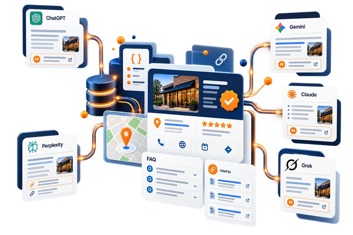 A single verified business profile feeding answers across ChatGPT, Gemini, Claude, Perplexity, and Grok