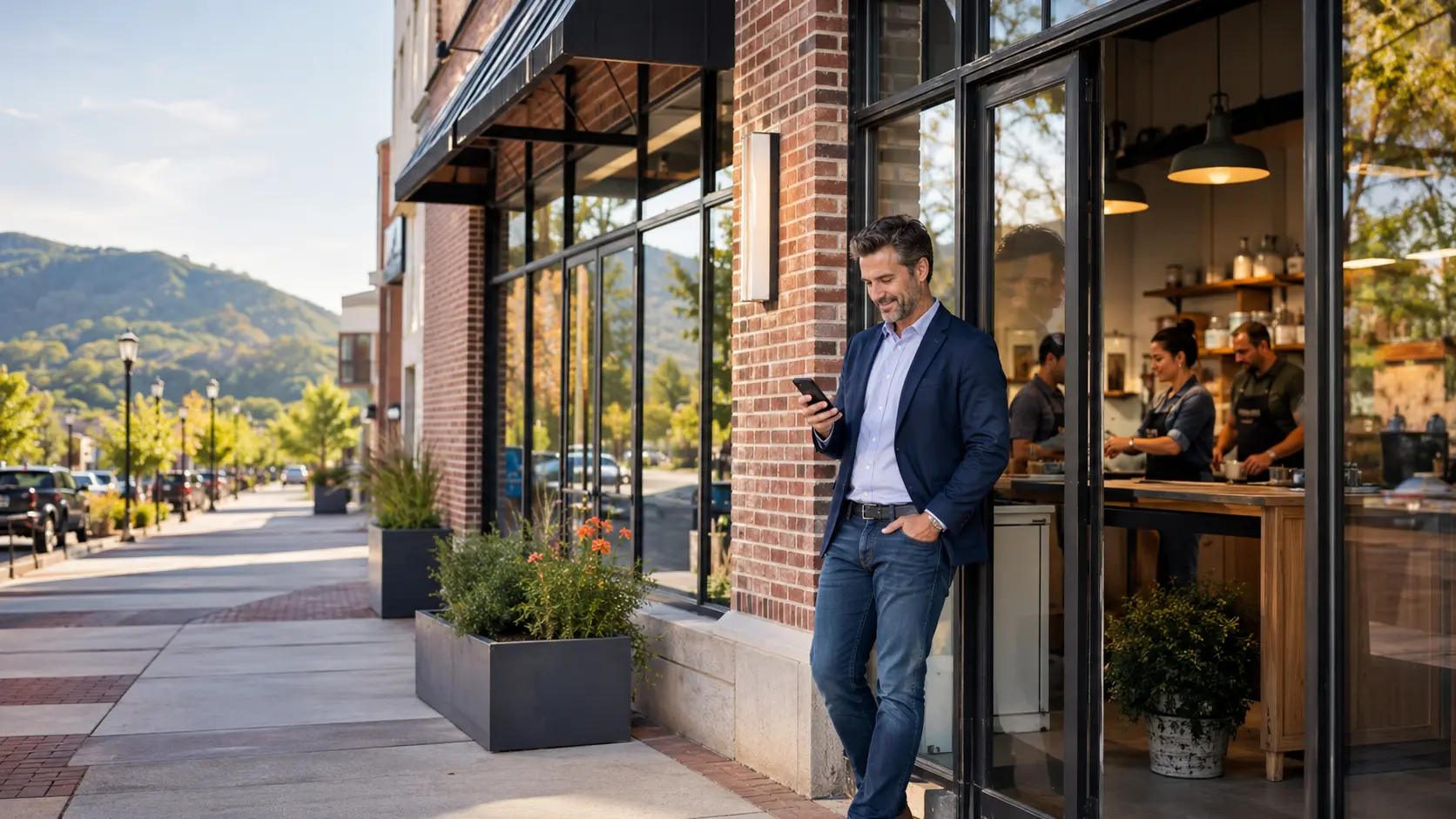 Independent business owner outside a growing local storefront