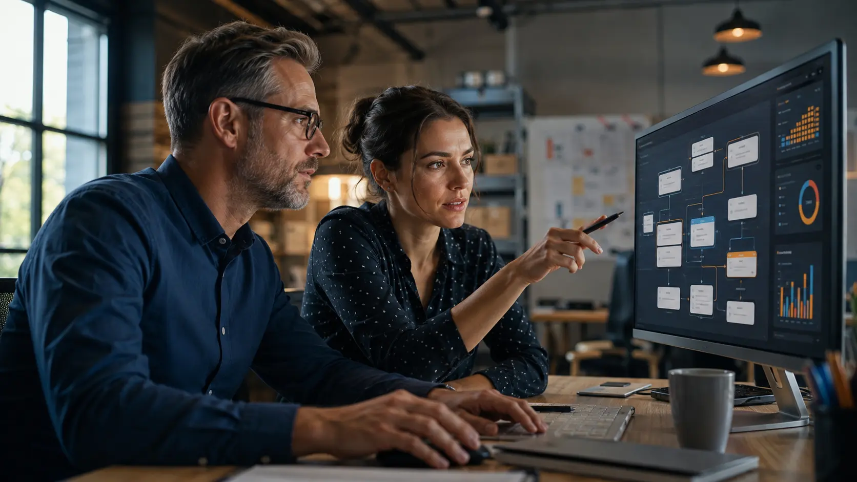Business operations team reviewing an automated workflow and reporting dashboard