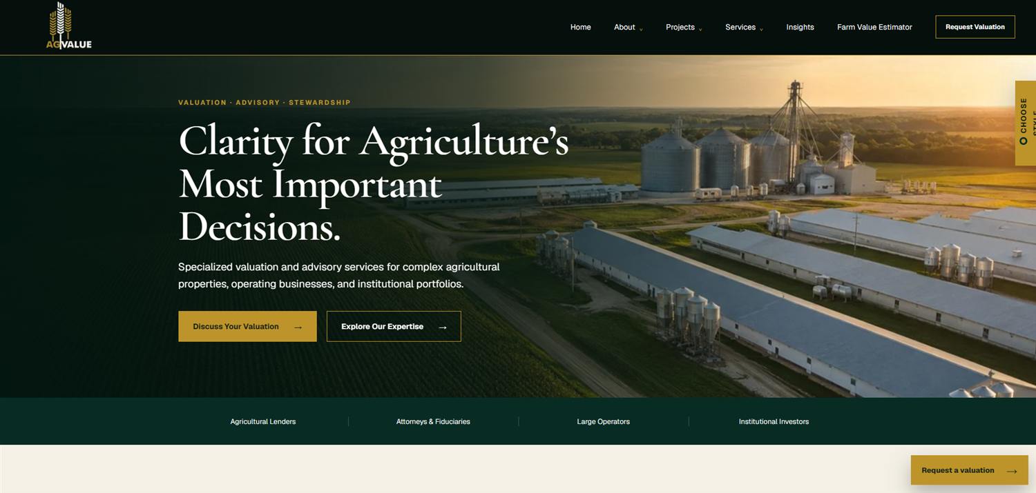 Website hero design for an agricultural advisory firm