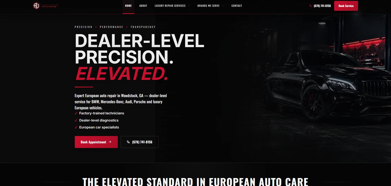 Website hero design for a Woodstock, GA European auto repair shop
