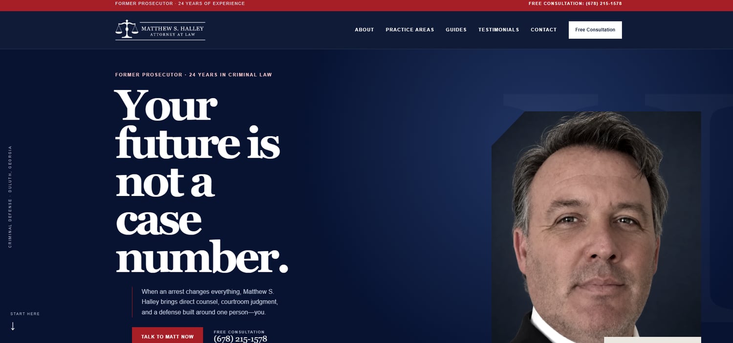 Website hero design for a Duluth, GA criminal defense attorney