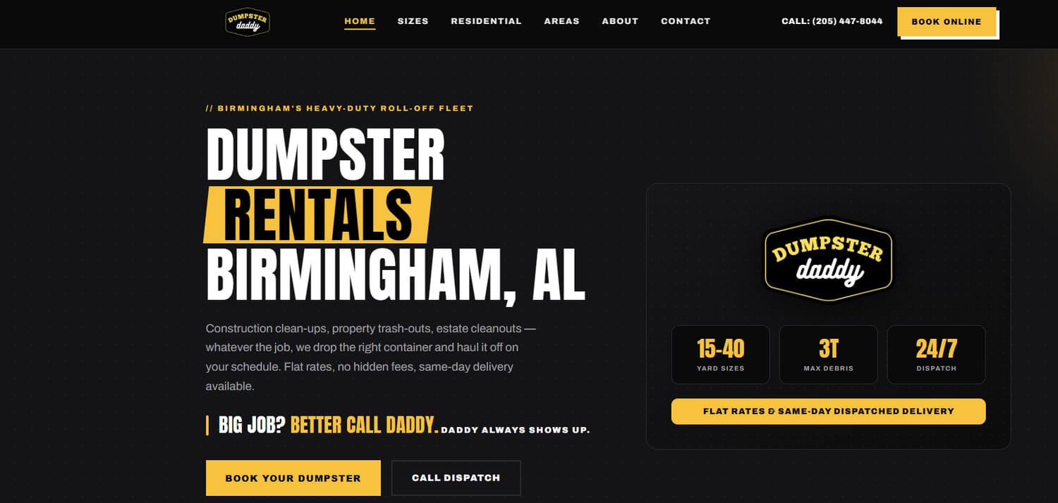 Website hero design for a Birmingham, AL dumpster rental company