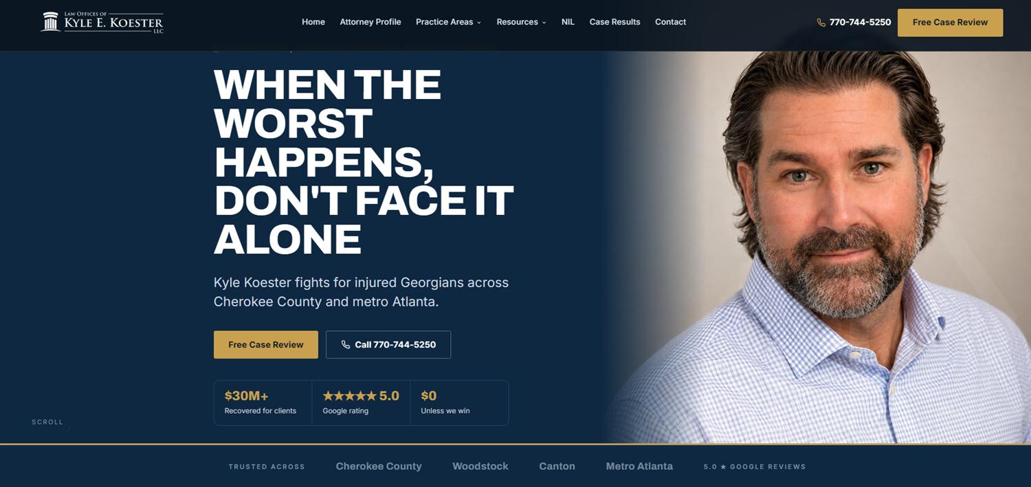Website hero design for a Cherokee County personal injury law firm