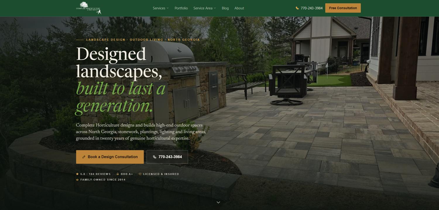Website hero design for a North Georgia landscape design company