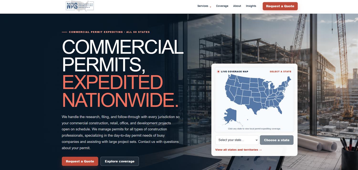 Website hero design for a commercial permit expediting company
