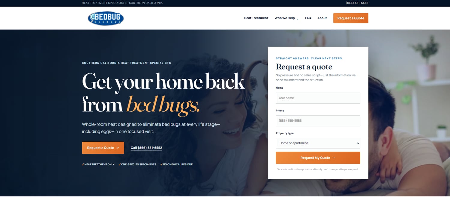 Website hero design for a Southern California pest control specialist