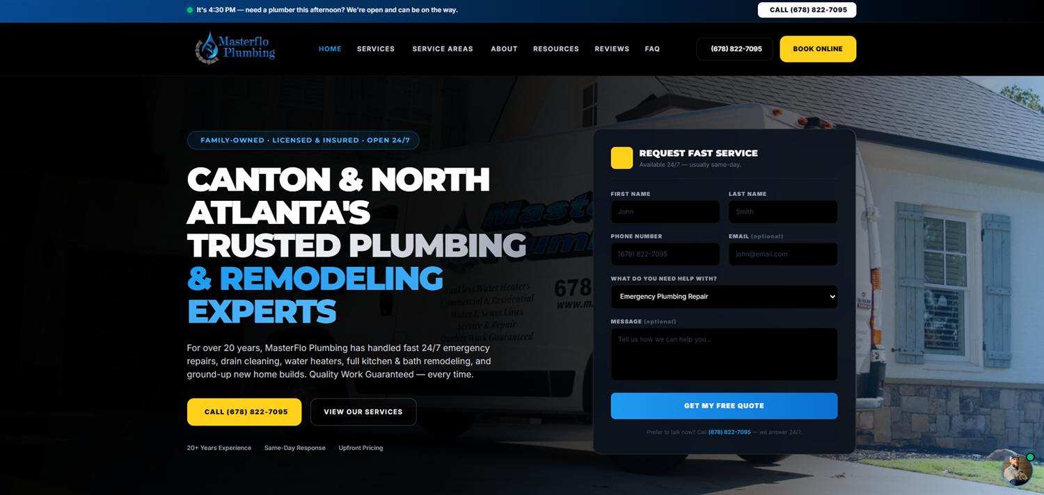 Website hero design for a Canton, GA plumbing company
